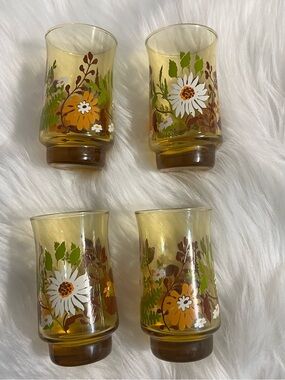 Libbey Juice Glasses Flower Amber Groovy 1970s Vintage - 4 pcs